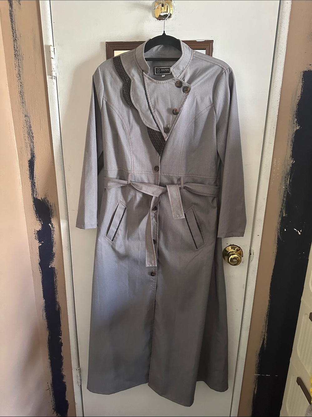 Boss Gray Long Trench Coat with Belt